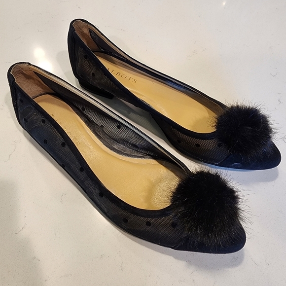 Talbots Black Mesh Polka Dot Edison Pom Pom Ladies Flats Women's Size 8AA EUC - Picture 1 of 9